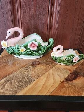 Vintage Figural Swan Planter Applied Roses Green Pink Yellow Lot Of 2
